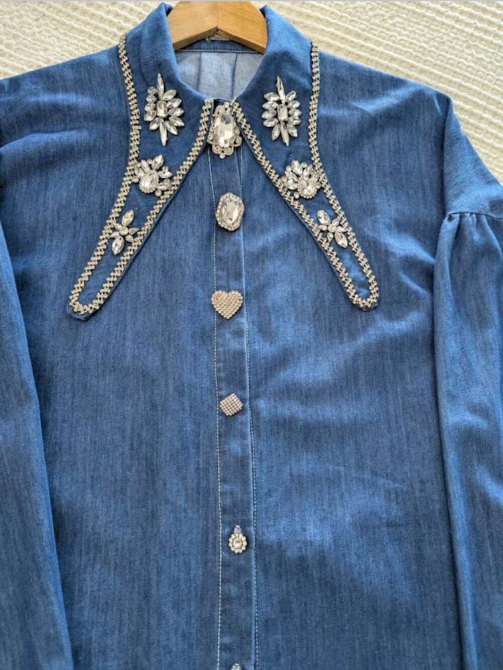 Rhinestone Denim Shirt Crystal Buttons Oversize - Picture 6 of 15
